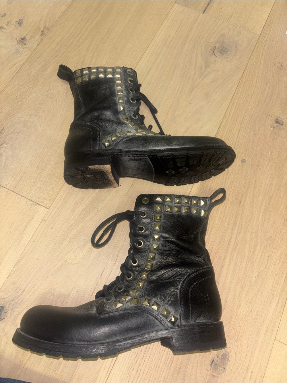 Frye Black Leather Studded Lace-Up Combat Boots
